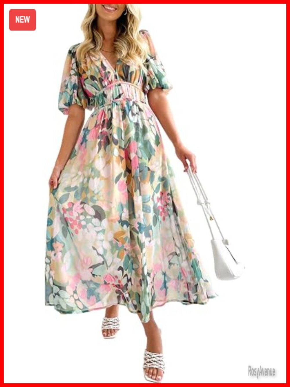 Women's Floral Maxi Dress V-Neck Short Sleeve A-Line Weddi
